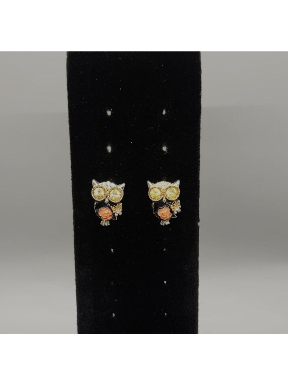 Whimsical Owl Stud Earrings ~1.5cm Rhinestone Enamel Silver Tone Animal Jewelry